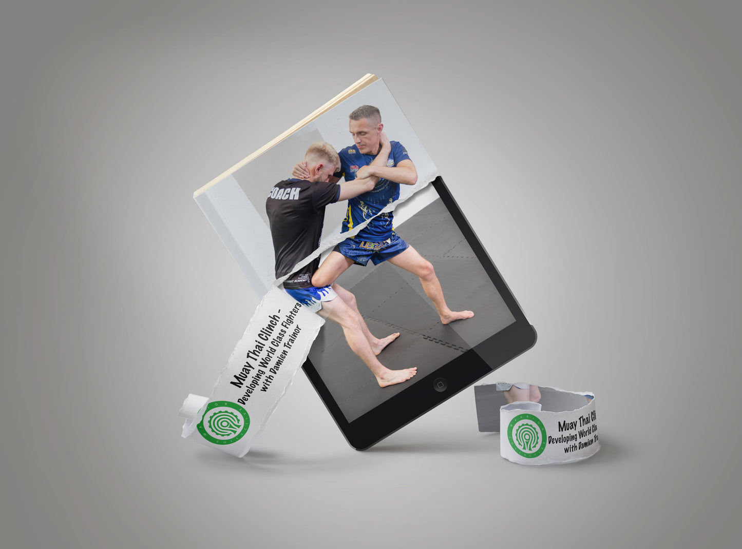 A graphic image of two Muay Thai fighters demonstrating techniques.