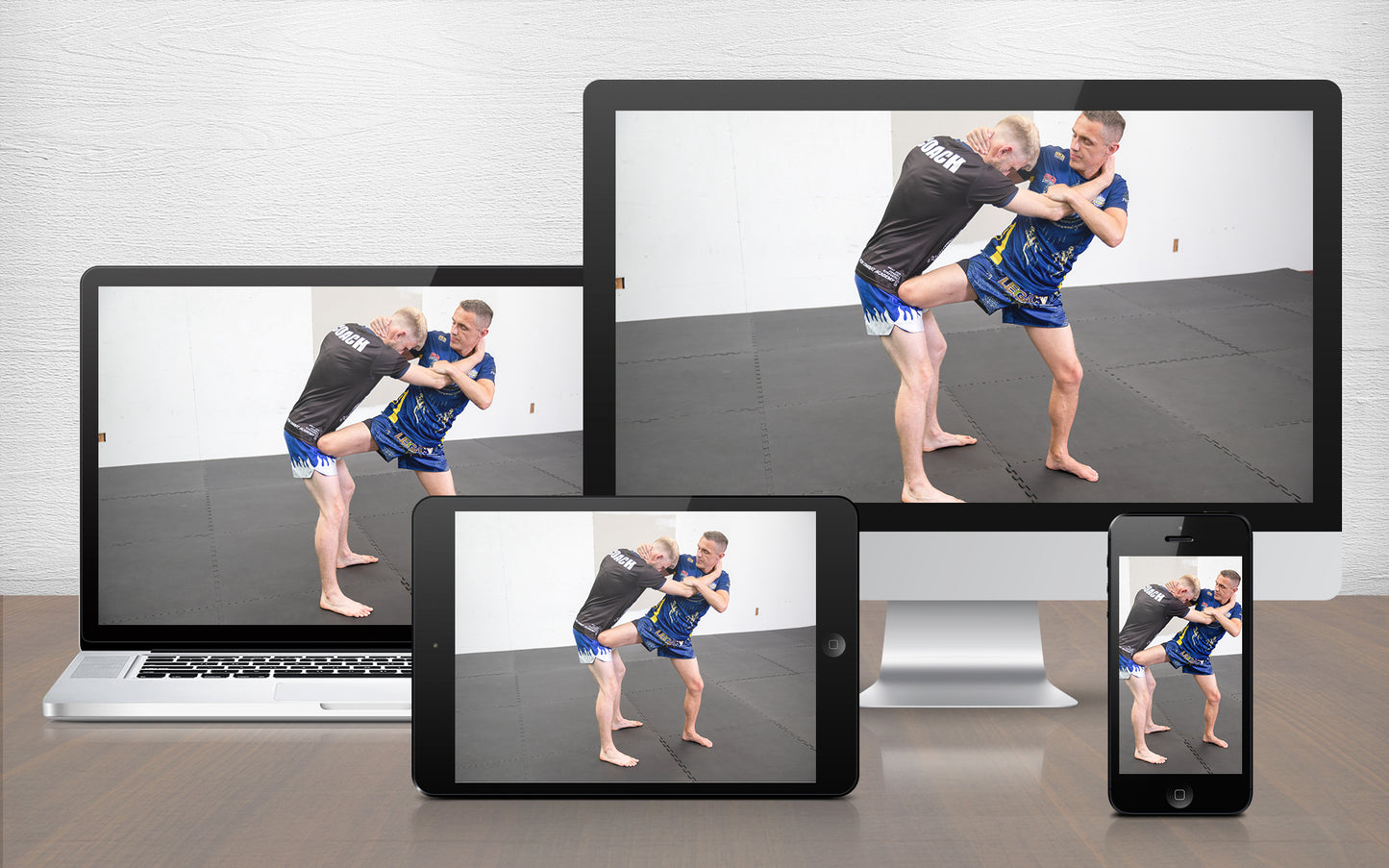 A graphic image of two Muay Thai fighters demonstrating techniques.