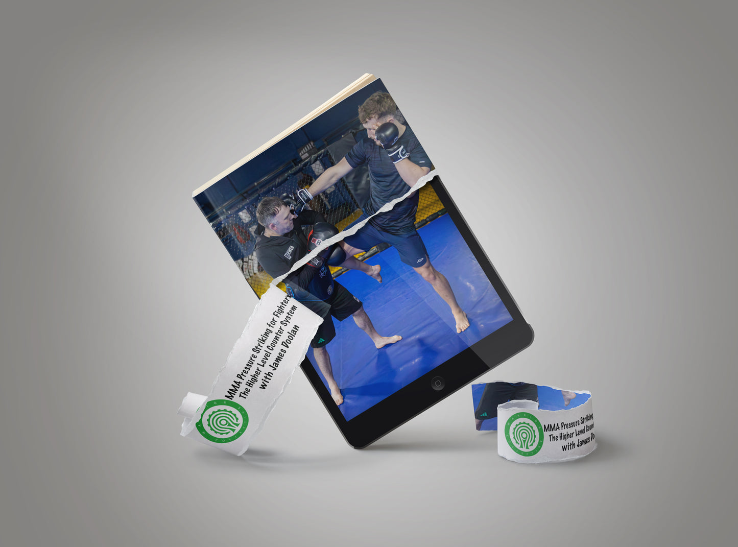 A graphic image of a coach holding pads for a fighter