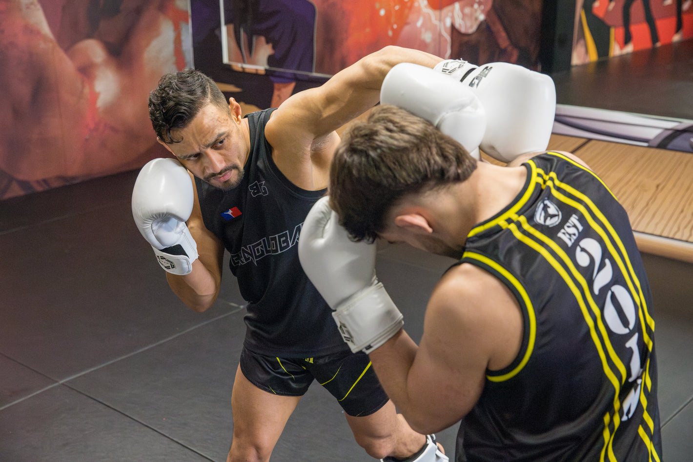 A photo of two fighters demonstrating Muay Thai techniques