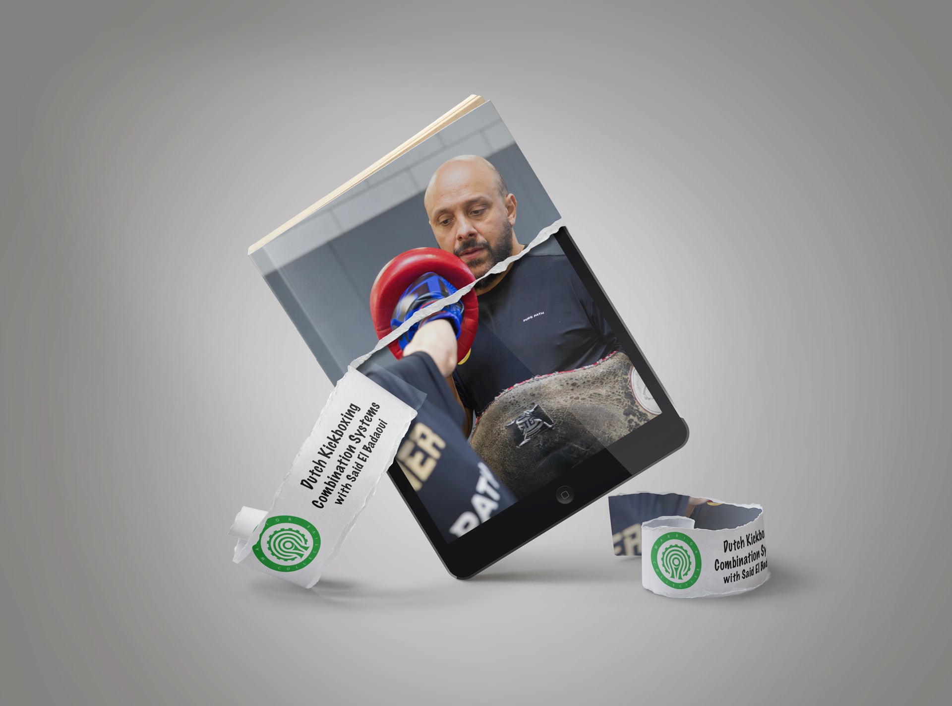 A stylized product mockup showing a black tablet displaying a photo of a boxer, with torn paper edges revealing a white wristband underneath. A second matching wristband lies beside the tablet on a smooth gray studio background.