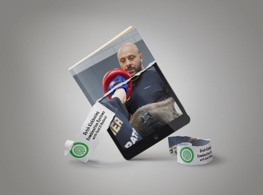 A stylized product mockup showing a black tablet displaying a photo of a boxer, with torn paper edges revealing a white wristband underneath. A second matching wristband lies beside the tablet on a smooth gray studio background.