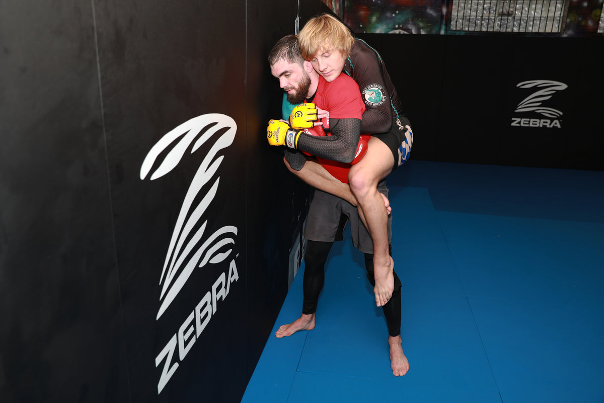 Two MMA fighters on a blue mat inside a ring, with one fighter carrying the other on his back. The fighters are wearing red and black athletic gear, and the background features a black wall with a large white ZEBRA logo.